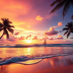 A vibrant and enchanting background featuring a sunset over a serene beach, the sky painted in hues of orange, pink, and purple, with gentle waves lapping at the shore