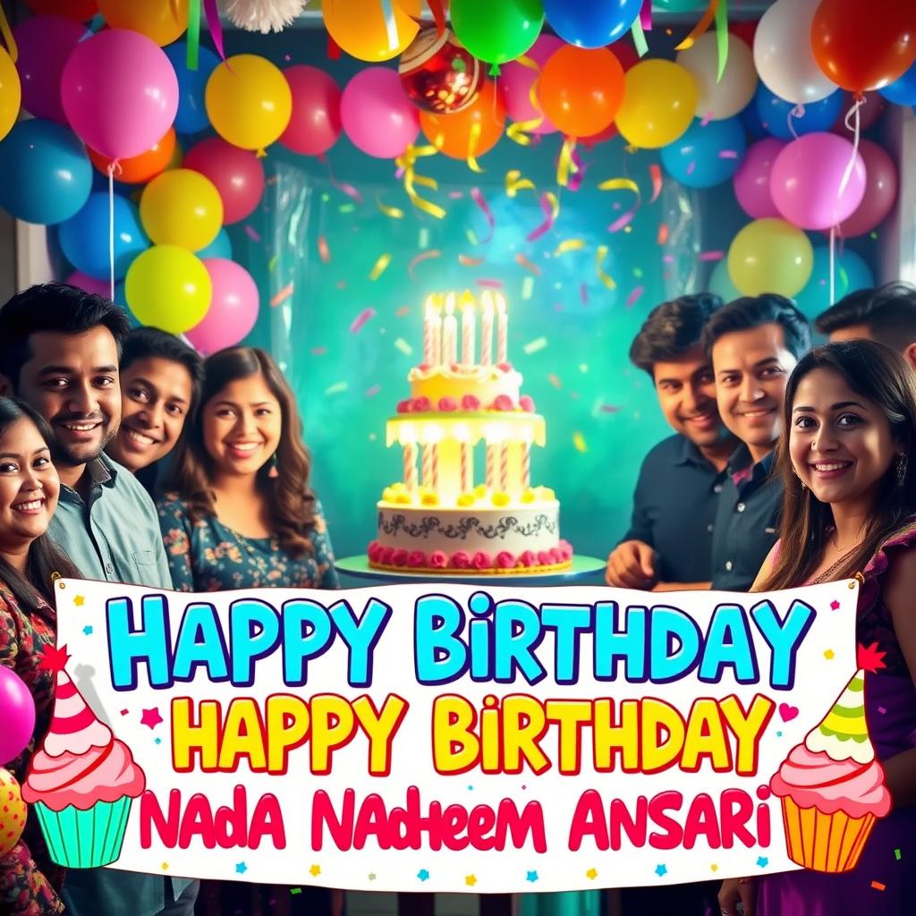 A vibrant and cheerful birthday celebration scene dedicated to Nada Nadeem Ansari