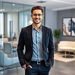 A professional individual standing confidently in a sleek office environment for a LinkedIn profile picture