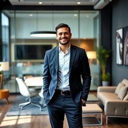 A professional individual standing confidently in a sleek office environment for a LinkedIn profile picture