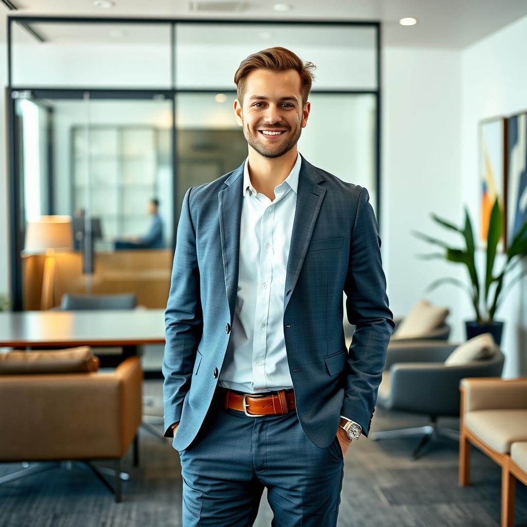 A professional individual standing confidently in a sleek office environment for a LinkedIn profile picture