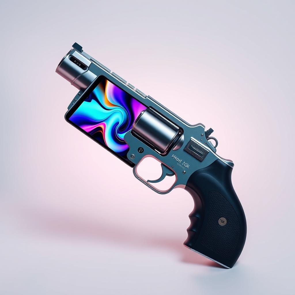 A creative photo montage of a smartphone transformed into a gun shape
