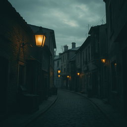 A nostalgic and vintage scene of old, dimly lit cobblestone streets lined with aged buildings