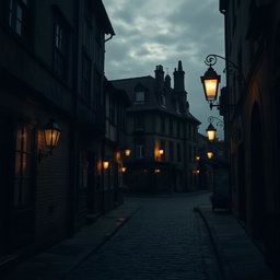 A nostalgic and vintage scene of old, dimly lit cobblestone streets lined with aged buildings