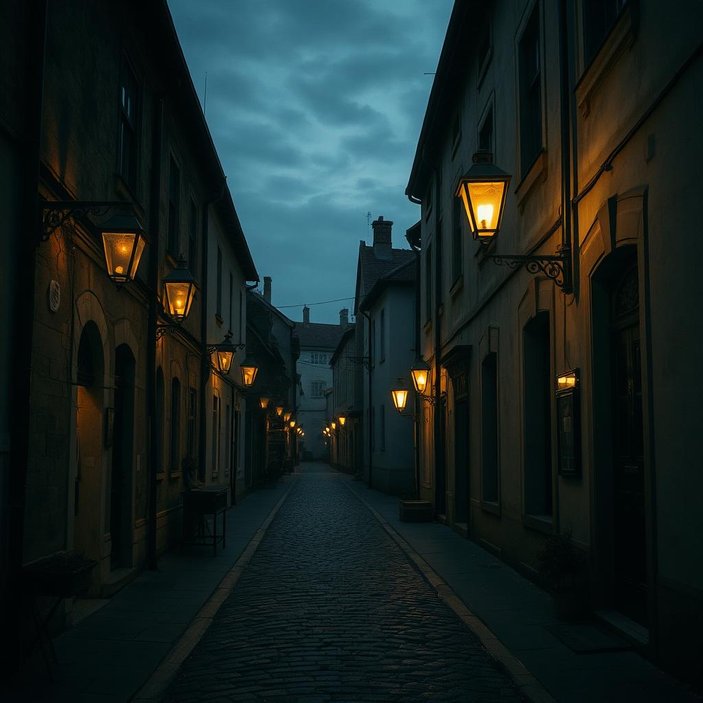 A nostalgic and vintage scene of old, dimly lit cobblestone streets lined with aged buildings