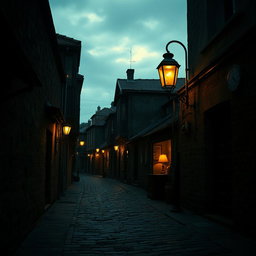 A nostalgic and vintage scene of old, dimly lit cobblestone streets lined with aged buildings