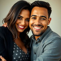 A close-up portrait of a happy couple, showcasing their front faces with bright smiles