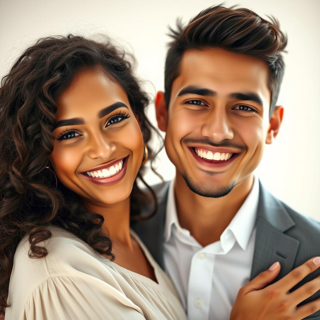 A close-up portrait of a happy couple, showcasing their front faces with bright smiles