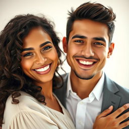 A close-up portrait of a happy couple, showcasing their front faces with bright smiles