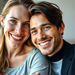 A close-up portrait of a happy couple, showcasing their front faces with bright smiles