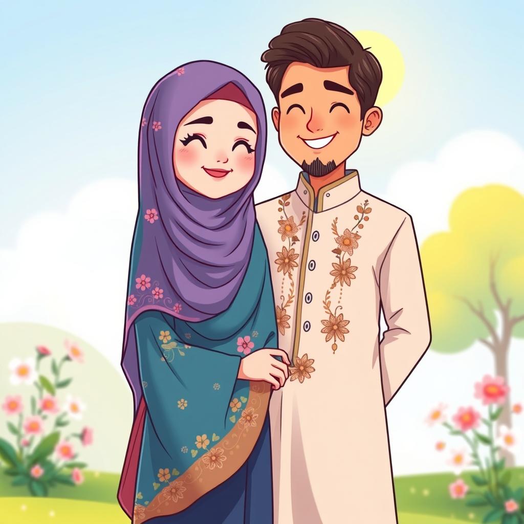 A charming cartoon illustration of a couple