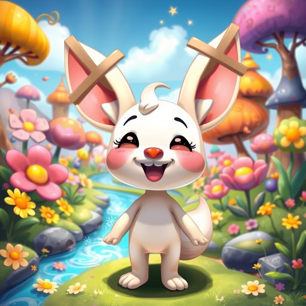 A whimsical depiction of a cartoon-style character with cross-shaped ears, lively and colorful