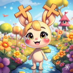 A whimsical depiction of a cartoon-style character with cross-shaped ears, lively and colorful