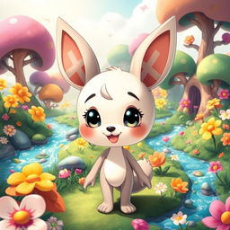 A whimsical depiction of a cartoon-style character with cross-shaped ears, lively and colorful
