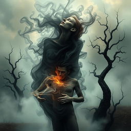 A surreal and captivating photo montage depicting a swirling, smoky figure that appears to be consuming a human