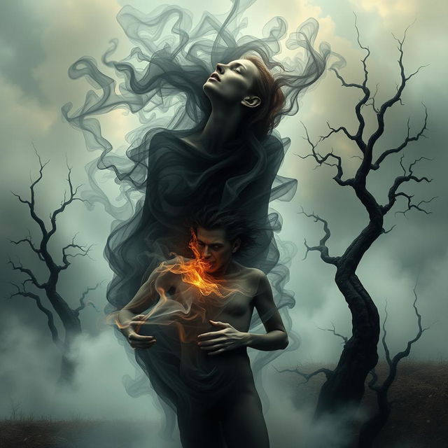 A surreal and captivating photo montage depicting a swirling, smoky figure that appears to be consuming a human