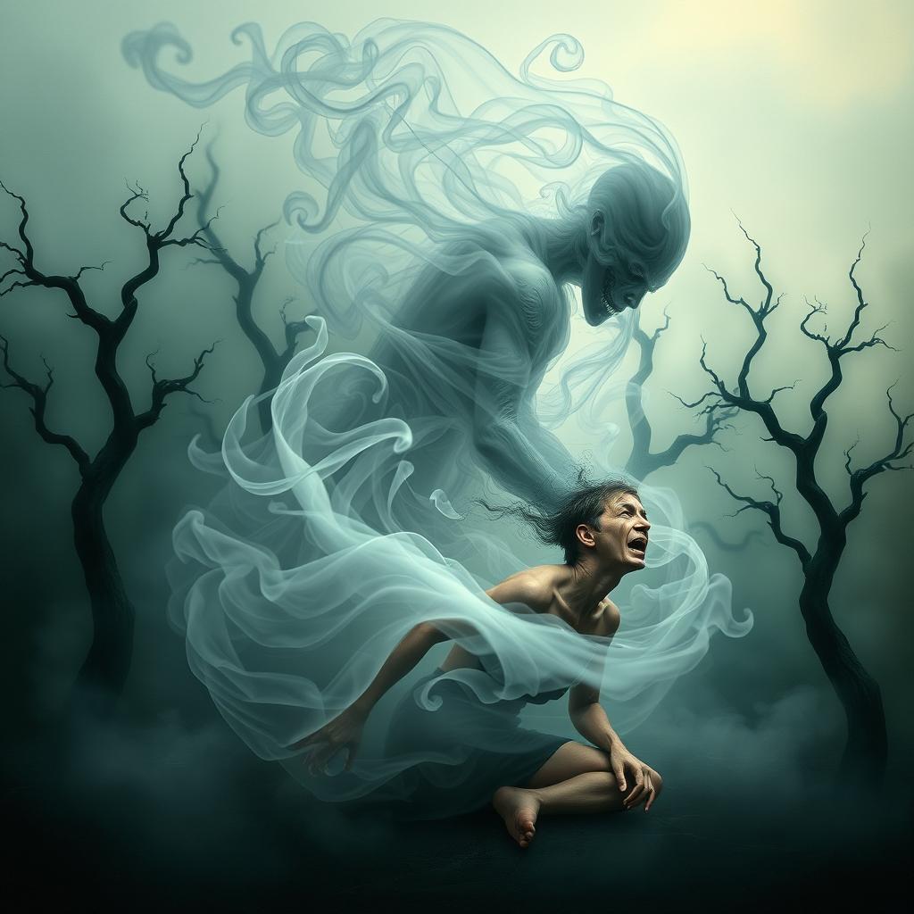 A surreal and captivating photo montage depicting a swirling, smoky figure that appears to be consuming a human
