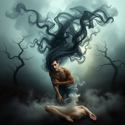 A surreal and captivating photo montage depicting a swirling, smoky figure that appears to be consuming a human