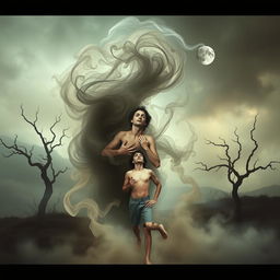 A surreal and captivating photo montage depicting a swirling, smoky figure that appears to be consuming a human