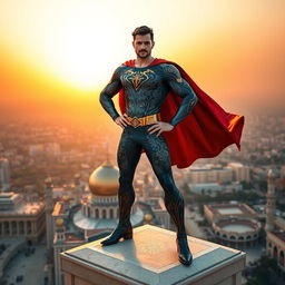 A heroic figure named Amir Ali, inspired by the vibrant culture of Mashhad city, dressed in a modern superhero suit featuring intricate patterns symbolizing Persian art, standing confidently on top of a grand architectural structure reminiscent of the Imam Reza shrine