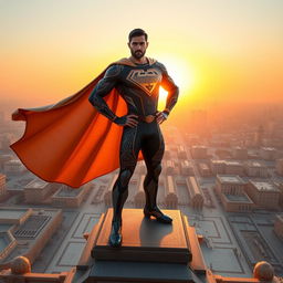 A heroic figure named Amir Ali, inspired by the vibrant culture of Mashhad city, dressed in a modern superhero suit featuring intricate patterns symbolizing Persian art, standing confidently on top of a grand architectural structure reminiscent of the Imam Reza shrine