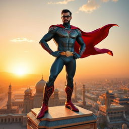 A heroic figure named Amir Ali, inspired by the vibrant culture of Mashhad city, dressed in a modern superhero suit featuring intricate patterns symbolizing Persian art, standing confidently on top of a grand architectural structure reminiscent of the Imam Reza shrine