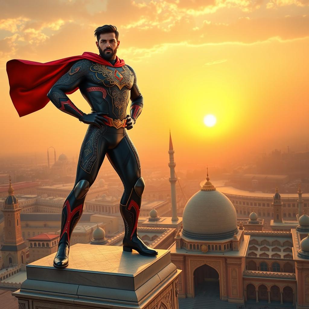 A heroic figure named Amir Ali, inspired by the vibrant culture of Mashhad city, dressed in a modern superhero suit featuring intricate patterns symbolizing Persian art, standing confidently on top of a grand architectural structure reminiscent of the Imam Reza shrine