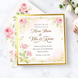 A beautifully designed wedding invitation card, featuring elegant floral patterns in soft pastels, with a gold foil embossed border