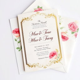 A beautifully designed wedding invitation card, featuring elegant floral patterns in soft pastels, with a gold foil embossed border
