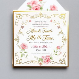 A beautifully designed wedding invitation card, featuring elegant floral patterns in soft pastels, with a gold foil embossed border