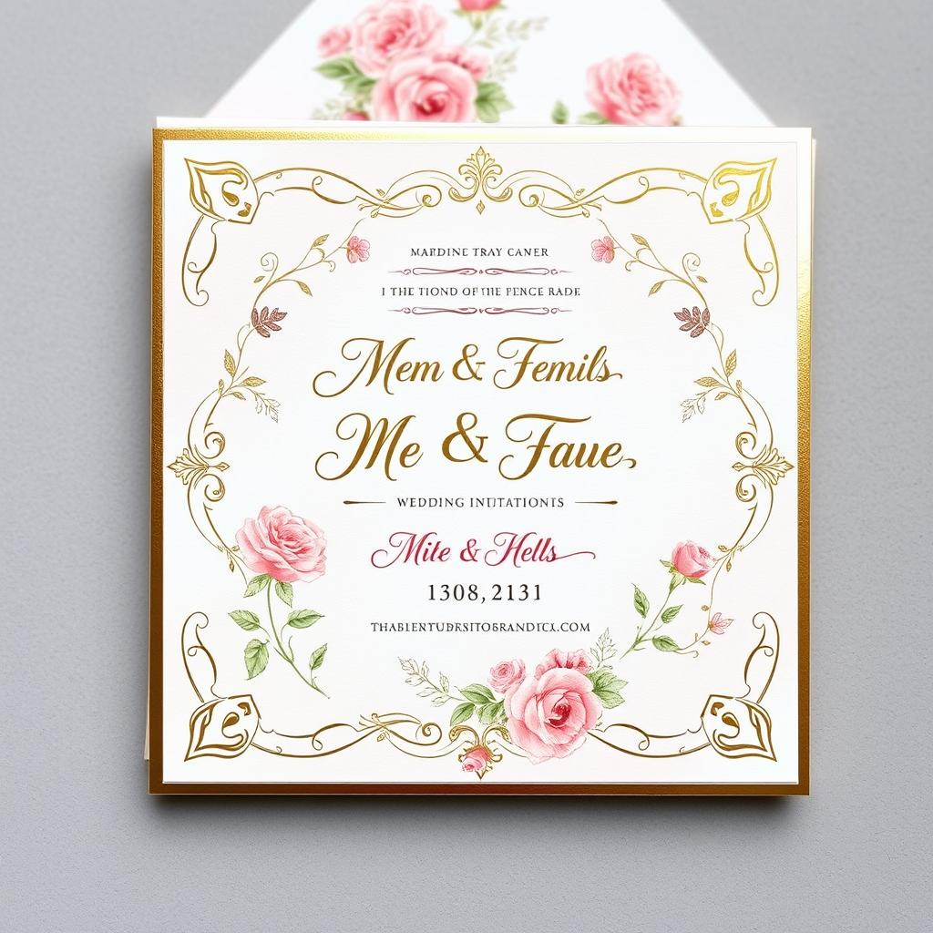 A beautifully designed wedding invitation card, featuring elegant floral patterns in soft pastels, with a gold foil embossed border