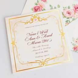 A beautifully designed wedding invitation card, featuring elegant floral patterns in soft pastels, with a gold foil embossed border