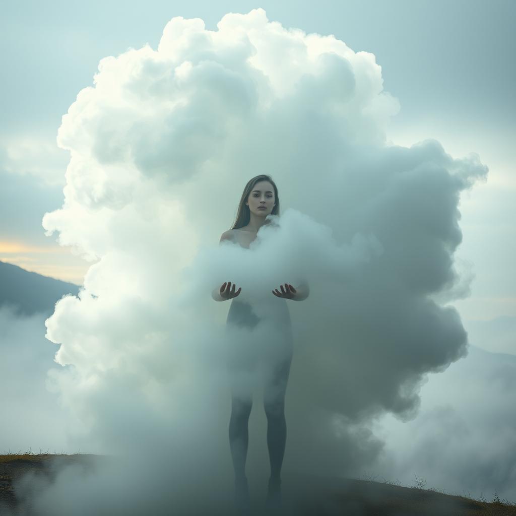A surreal photomontage depicting a giant, ethereal fog that appears to be consuming a human figure
