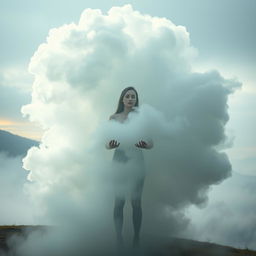 A surreal photomontage depicting a giant, ethereal fog that appears to be consuming a human figure