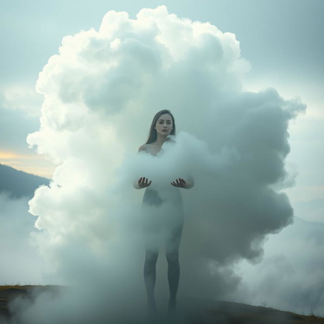 A surreal photomontage depicting a giant, ethereal fog that appears to be consuming a human figure