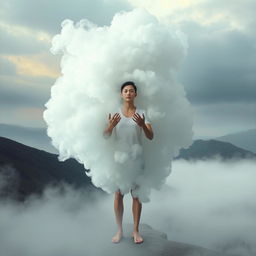 A surreal photomontage depicting a giant, ethereal fog that appears to be consuming a human figure