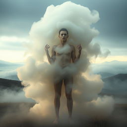A surreal photomontage depicting a giant, ethereal fog that appears to be consuming a human figure