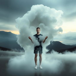 A surreal photomontage depicting a giant, ethereal fog that appears to be consuming a human figure