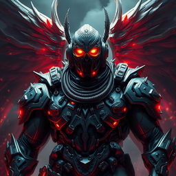 A gigantic, futuristic, mega tall and muscular male menace, resembling a special operations angel
