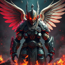A gigantic, futuristic, mega tall and muscular male menace, resembling a special operations angel