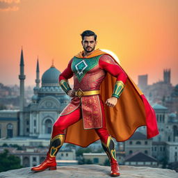 A superhero character inspired by Amir Ali from Mashhad city, dressed in a vibrant and dynamic superhero costume