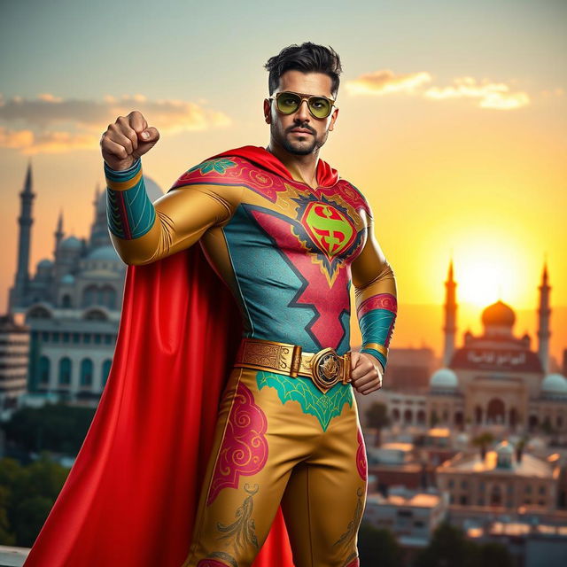 A superhero character inspired by Amir Ali from Mashhad city, dressed in a vibrant and dynamic superhero costume