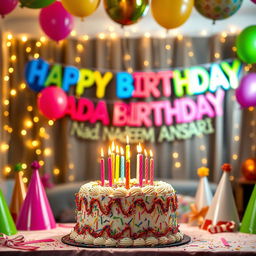 A beautifully decorated birthday cake with colorful frosting, candles lit on top, surrounded by festive balloons and streamers