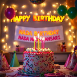 A beautifully decorated birthday cake with colorful frosting, candles lit on top, surrounded by festive balloons and streamers