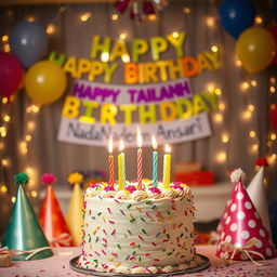 A beautifully decorated birthday cake with colorful frosting, candles lit on top, surrounded by festive balloons and streamers