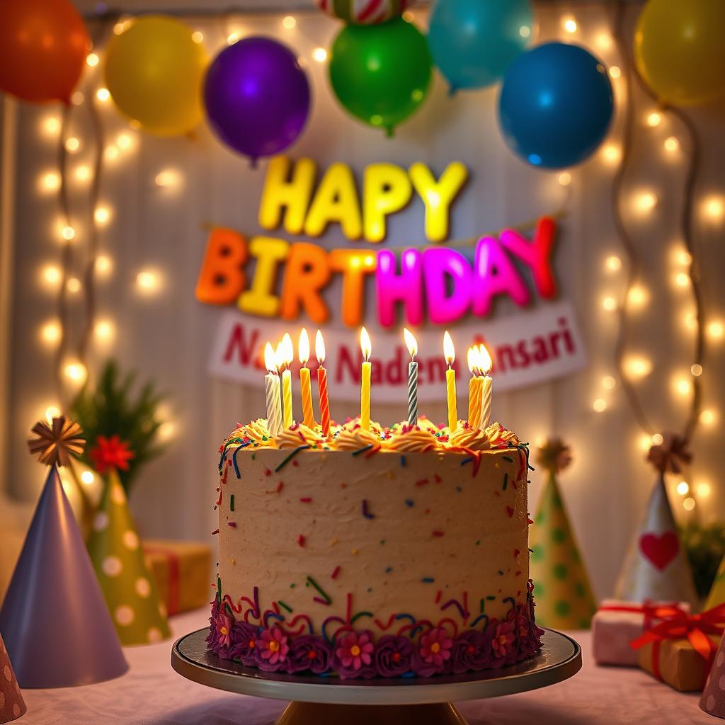 A beautifully decorated birthday cake with colorful frosting, candles lit on top, surrounded by festive balloons and streamers