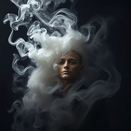 A captivating and surreal image of a humanoid figure being enveloped by swirling smoke, the smoke takes on organic shapes resembling a mouth as it seems to consume the figure