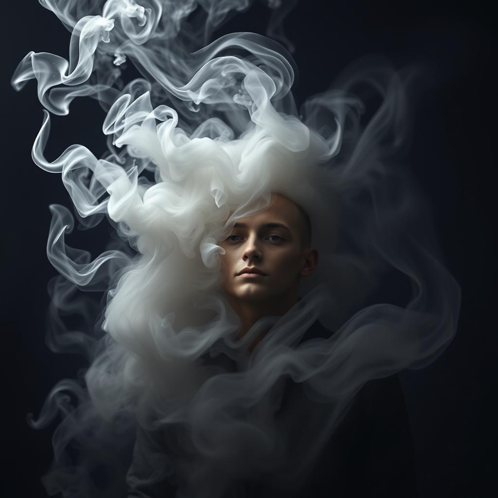 A captivating and surreal image of a humanoid figure being enveloped by swirling smoke, the smoke takes on organic shapes resembling a mouth as it seems to consume the figure