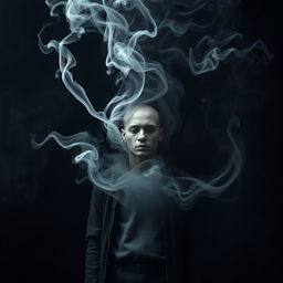 A captivating and surreal image of a humanoid figure being enveloped by swirling smoke, the smoke takes on organic shapes resembling a mouth as it seems to consume the figure