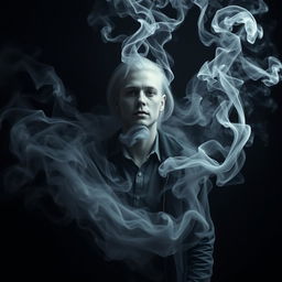 A captivating and surreal image of a humanoid figure being enveloped by swirling smoke, the smoke takes on organic shapes resembling a mouth as it seems to consume the figure
